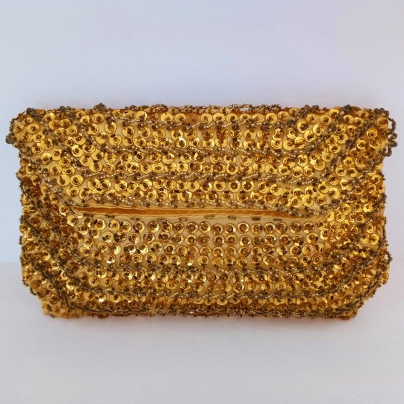 Vintage Yellow Gold Beaded Sequined Evening Accessory Clutch/Handbag/Purse - Picture 2 of 13